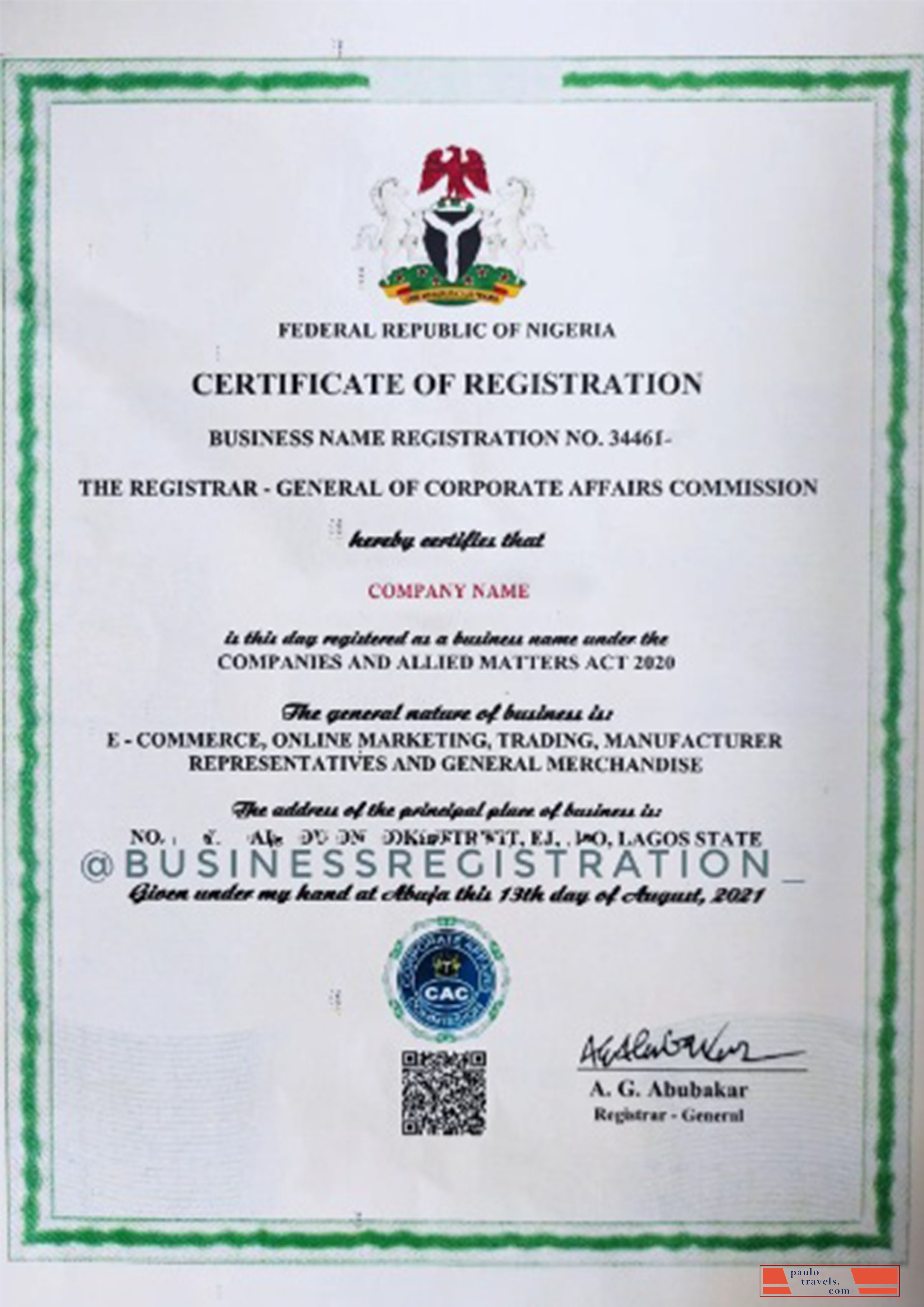 Nigeria Certificate of Registration